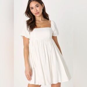 Lulus White Puff Sleeve Babydoll Empire Waist Mini Dress Size S